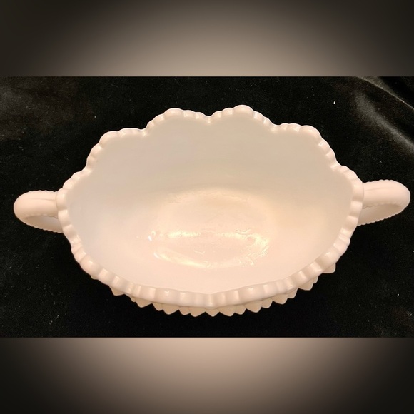 Fenton White Hobnail Double-Handled Pickle Dish Grape Leaf Ruffled Edges VTG MCM - Picture 6 of 10